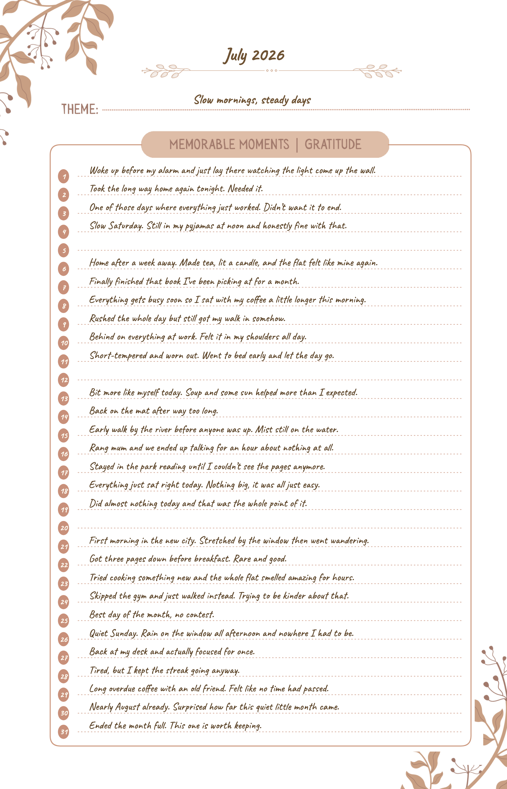 A filled Memorable Moments and Gratitude page from the Folio Diary, handwritten under the theme 'Slow mornings, steady days'