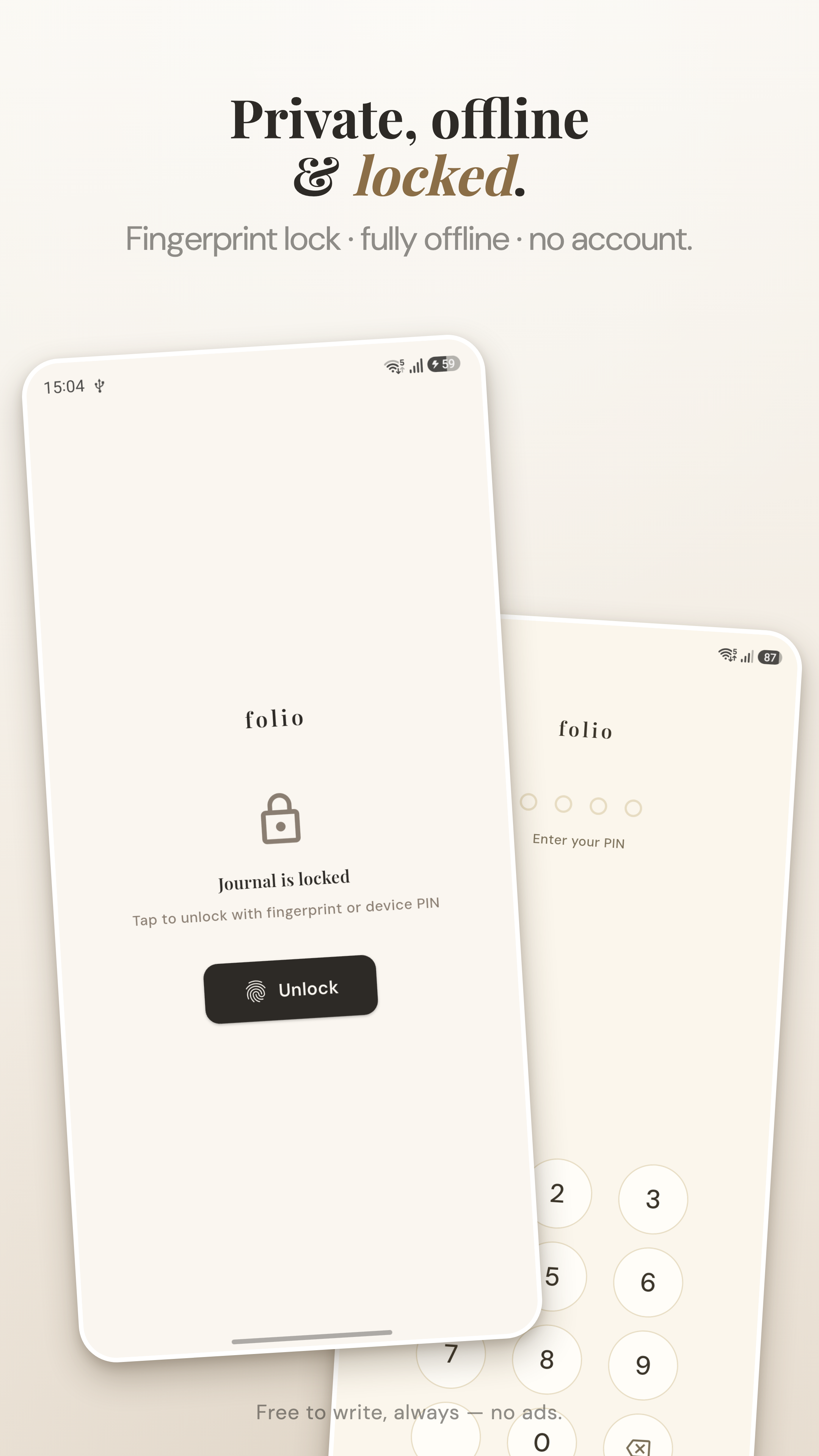 Private, offline journal with fingerprint app lock