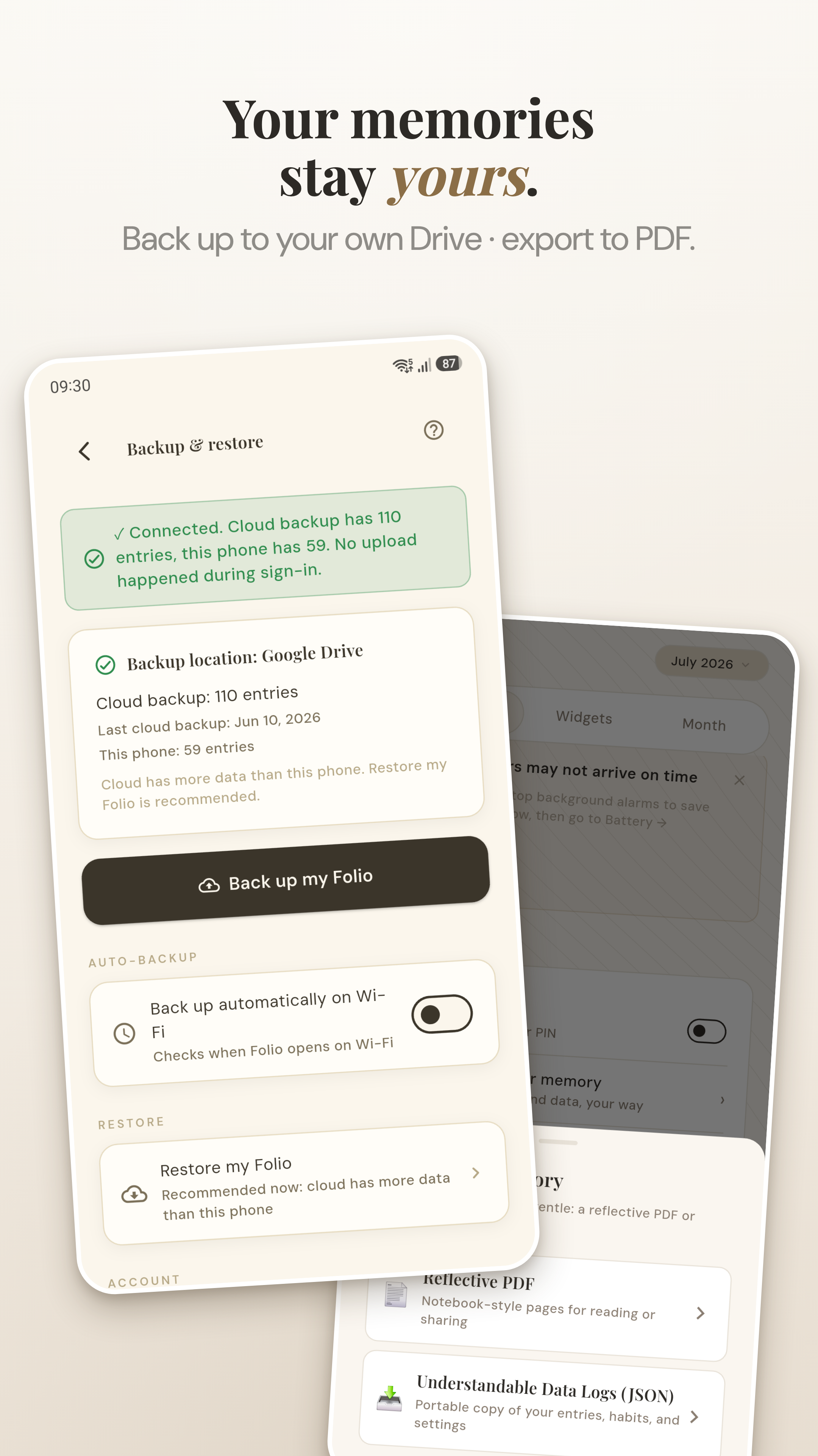 Google Drive backup and PDF export